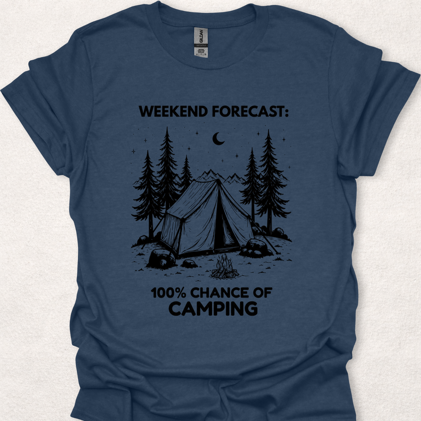 Heather Navy t-shirt featuring a camping tent under a starry night sky with the phrase "Weekend Forecast: 100% Chance of Camping."