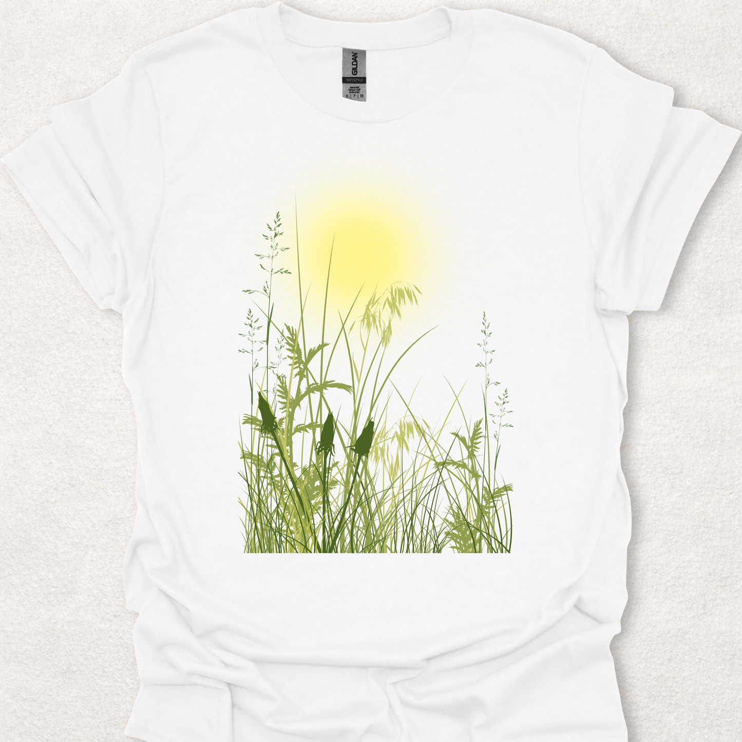 Sunlit Meadow nature-inspired t-shirt featuring peaceful meadow grasses and soft sunlight.