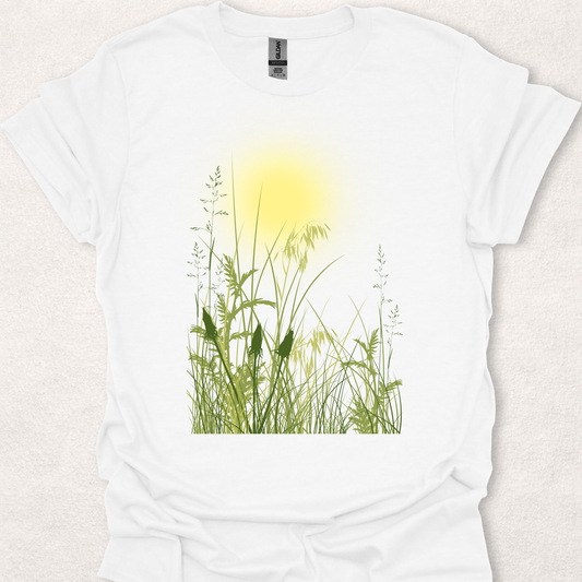 Sunlit Meadow nature-inspired t-shirt featuring peaceful meadow grasses and soft sunlight.