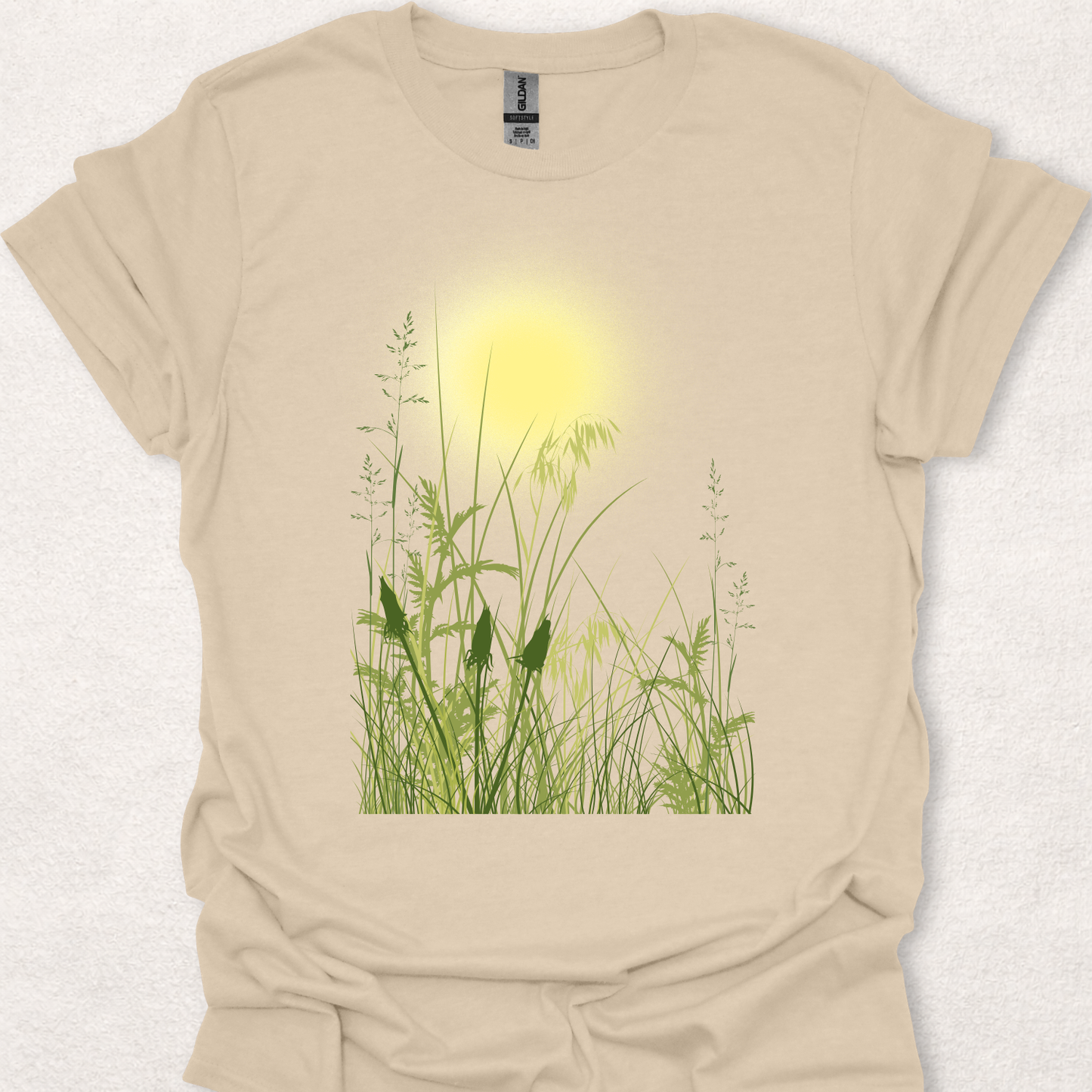 Sunlit Meadow nature-inspired t-shirt in sand.