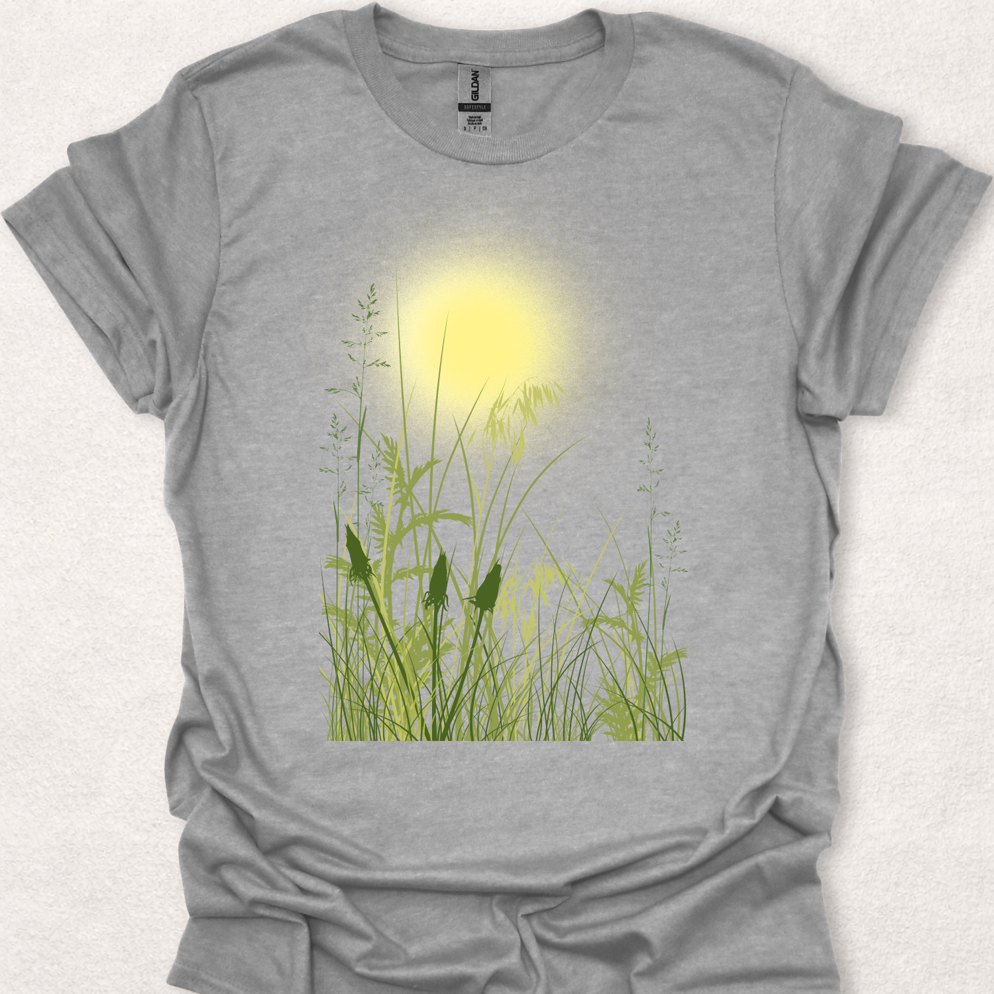 Sunlit Meadow nature-inspired t-shirt in sports grey.
