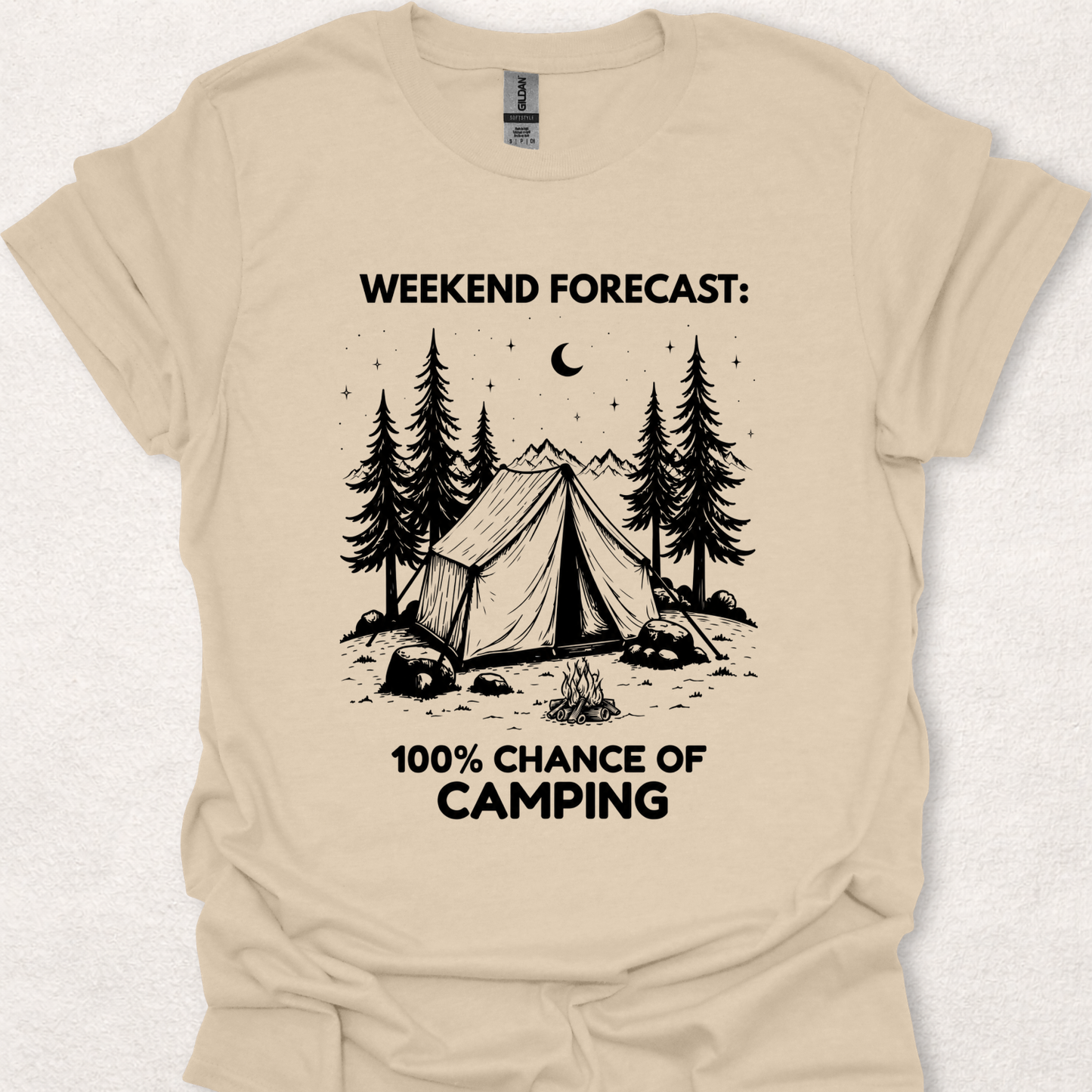 Sand t-shirt featuring a camping tent under a starry night sky with the phrase "Weekend Forecast: 100% Chance of Camping."