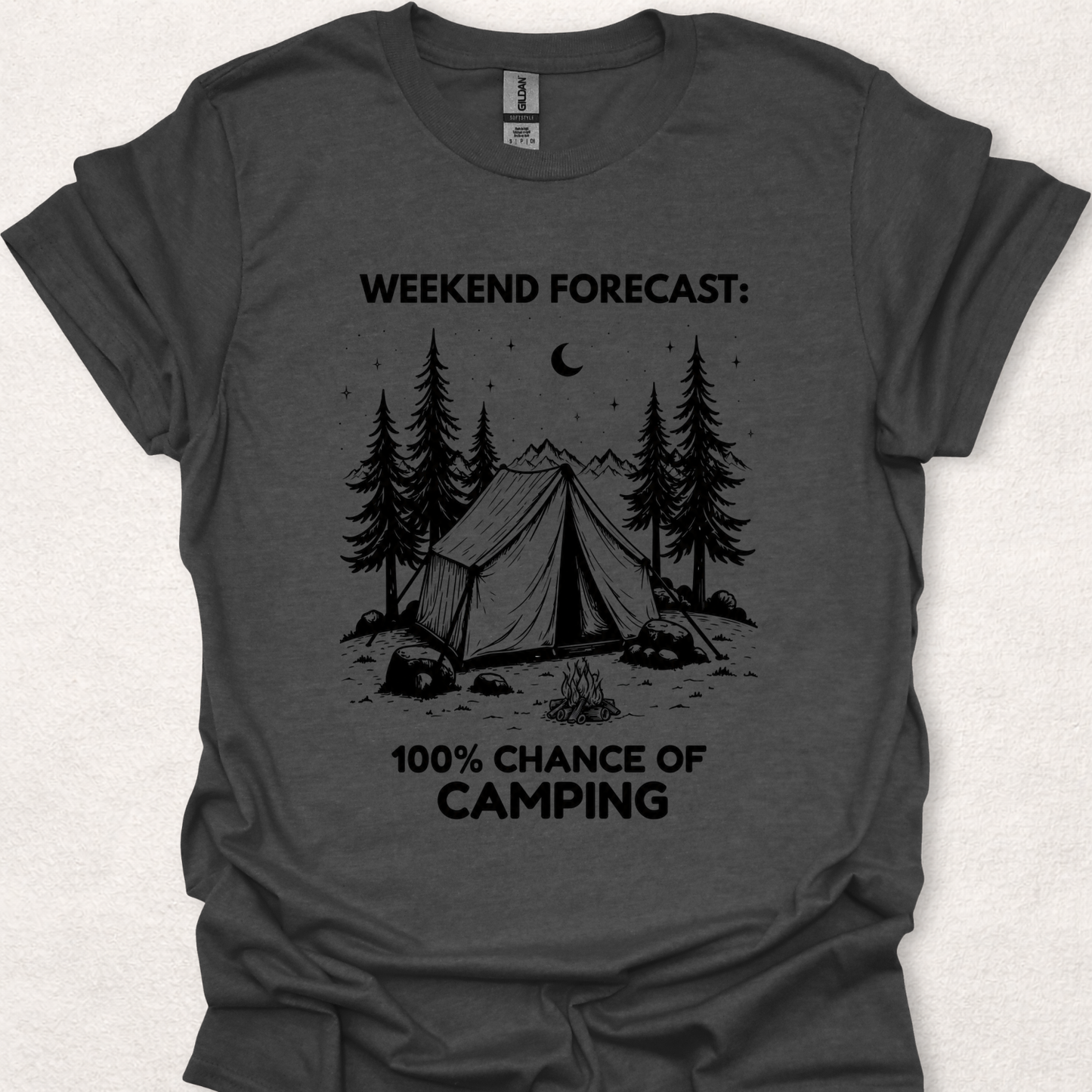 Dark Heather t-shirt featuring a camping tent under a starry night sky with the phrase "Weekend Forecast: 100% Chance of Camping."