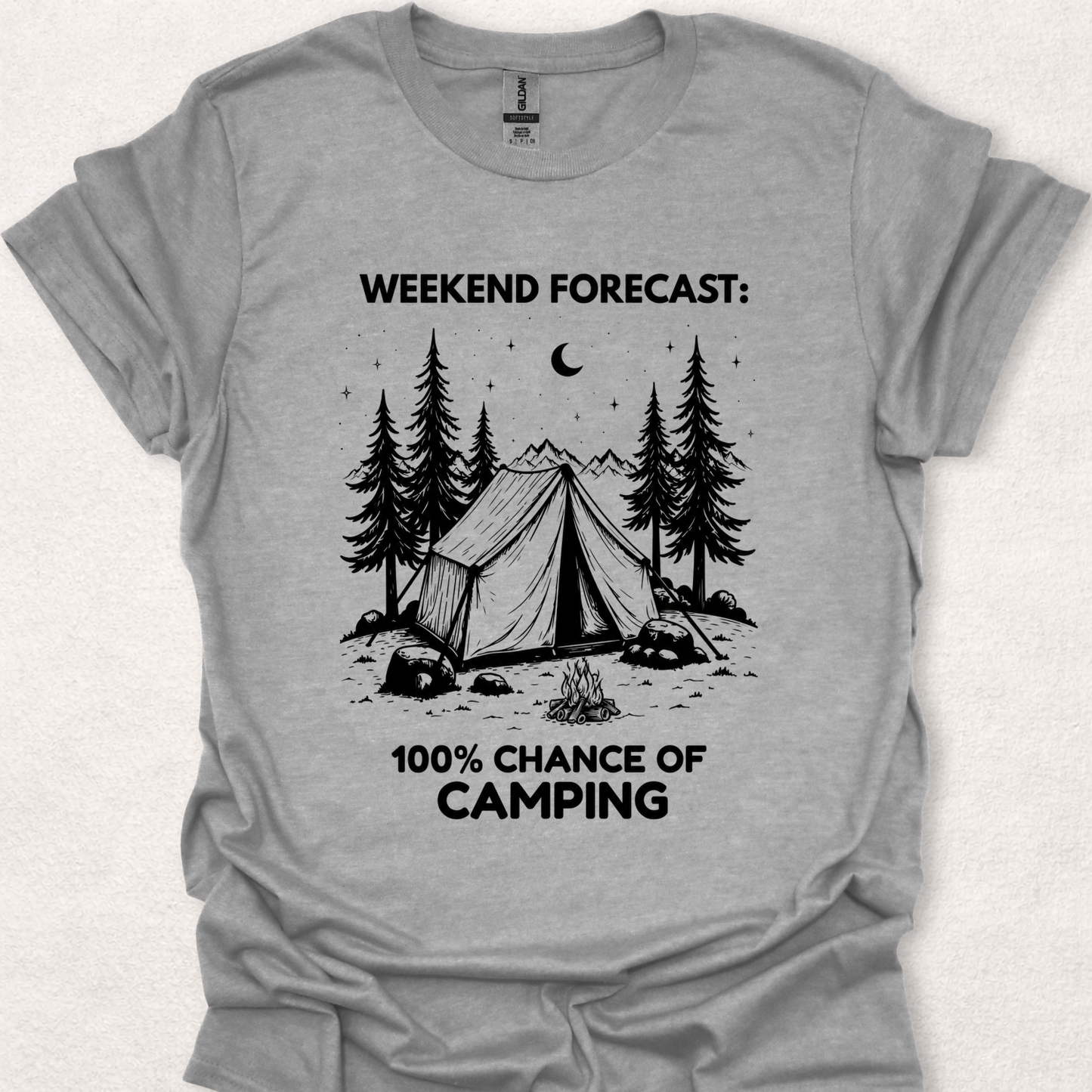 Sport Grey t-shirt featuring a camping tent under a starry night sky with the phrase "Weekend Forecast: 100% Chance of Camping."